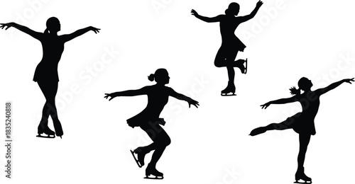 Silhouettes of four female figure skaters in dynamic poses on ice