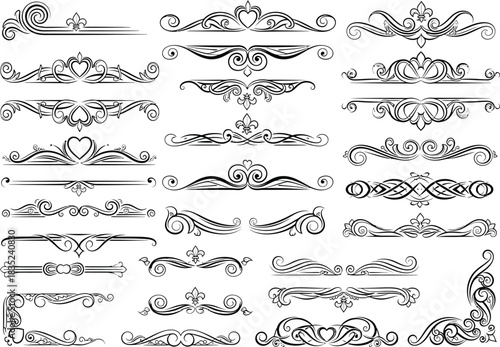 Decorative Flourish Borders, Black Vintage Ornaments with Swirls on Transparent Background