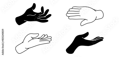 Collection of four stylized hands, two black and two white outlines, in various open and gesturing positions, isolated on white.