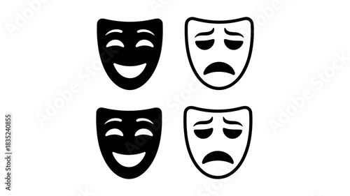 Four theatrical masks, two smiling, two frowning, representing opposite emotions of joy and sadness, displayed in a 2x2 grid on a white background. these masks symbolize duality and performance.