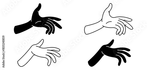 Four illustrated stylized hands in black and white, one palm up, one palm down, isolated on a white background, symbolizing gesture and action.