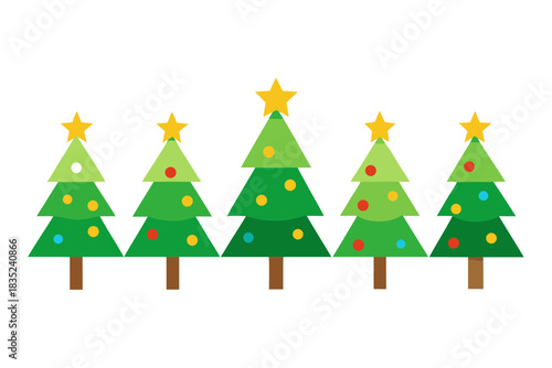 Five stylized christmas trees with ornaments and star toppers