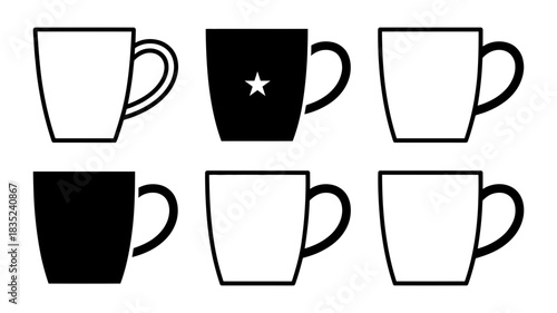 Collection of six stylized mugs, half white and half black, with simple graphic lines, isolated on a plain surface for a clean presentation.