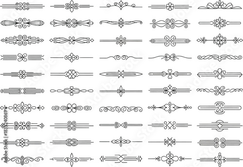 Decorative Flourish Dividers Design Elements Collection, Black Line Ornaments Isolated