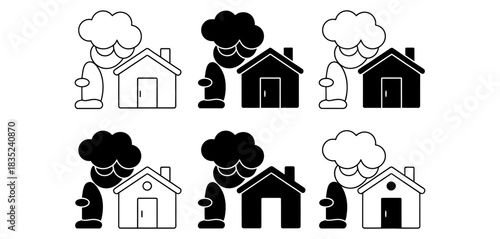 Set of simplified icons representing a house with a chimney emitting smoke, presented in black and white variations, isolated on a clean backdrop.