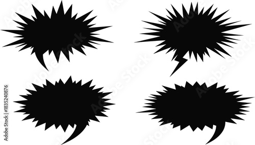Four black starburst shapes with spiky edges on a white background