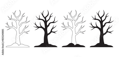 Collection of four bare deciduous trees, two in silhouette and two outlined, illustrating seasonal change and nature's patterns.