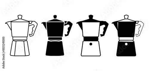 Collection of moka pot icons in outline and solid silhouette styles, representing coffee brewing tradition and design variation.