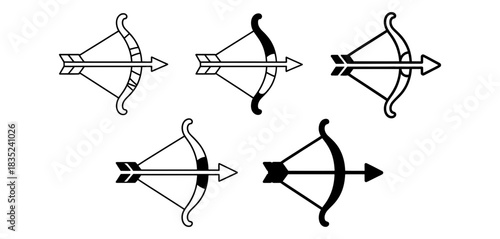 Set of five stylized bow and arrow icons on a white background, representing aiming, archery, and precision, each uniquely designed.