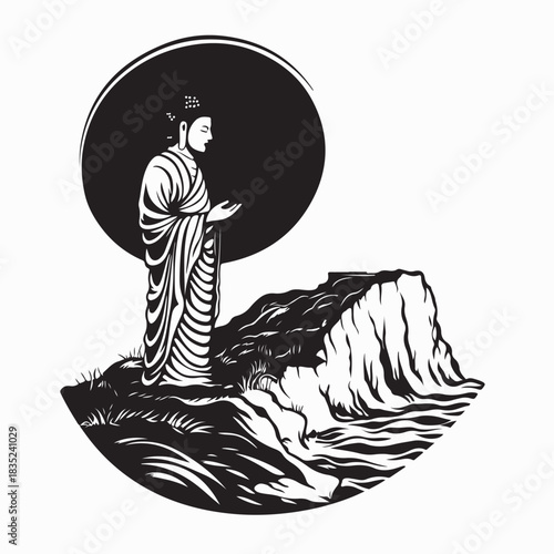 Standing Buddha Statue in Mountain Valley Silhouette Vector