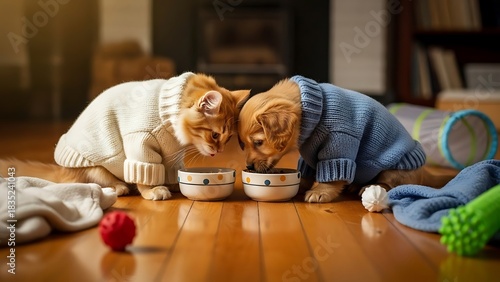 Minimalist Pet Accessories on Clean Wood Floor - Two Cats Wearing Sweaters Enjoying Food
