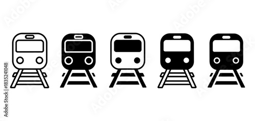 Row of five minimalist train icons in black and white, representing different styles and colors for transportation and travel concepts.
