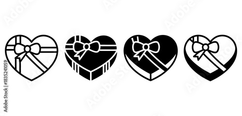 Assortment of four heart-shaped gift boxes with bows, two solid black icons and two outline icons, representing love and celebration.