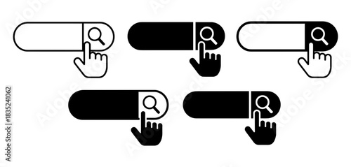 Collection of minimalist search bar icons with cursor hand clicking the search button in white and black variations for web design and ui interface