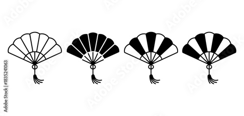 Collection of traditional japanese folding fans with tassels, displayed in various styles for cultural representation and decorative design elements.