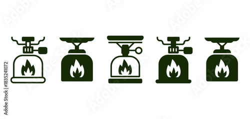 Set of camping stove icons with flame, representing portable cooking equipment for outdoor adventures, hiking, and emergency preparedness.