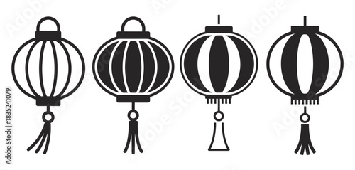 A collection of four black traditional chinese lanterns with tassels, depicted in a simple, clean vector illustration style, isolated on a white background.