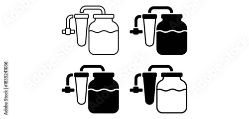Four icons depicting a water filter pitcher with a jar for collecting purified water, presented in both outline and solid black formats for versatile design applications.