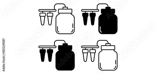 Set of four icons representing a water filtration system, featuring two outline and two solid black designs for diverse applications.