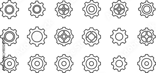 Collection of simple black and white gear icons in a grid arrangement