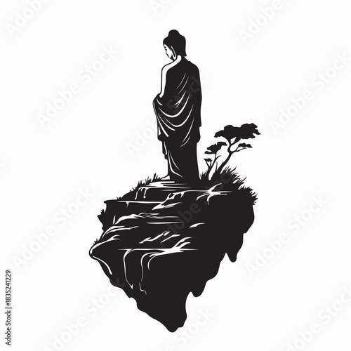 Standing Buddha Statue in Mountain Valley Silhouette Vector