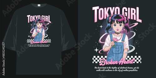 tokyo girl anime graphic tee shirt design retro 90s aesthetic with broken heart slogan t shirt design vector illustration artwork
