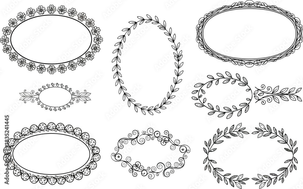 Obraz premium Decorative Floral and Leaf Oval Frames Collection on White Background Hand Drawn Style