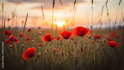 Fototapeta Naklejka Na Ścianę i Meble -  Red poppies in a field at sunset summer meadow landscape floral scene