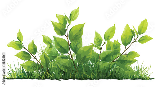 Vibrant Botanical Illustration of Plant with Green Leaves and Grass Vector