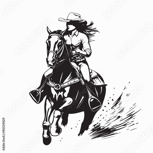 Cowgirl Galloping Through Dust Vector Silhouette on White Background
