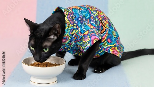 Minimalist Pet Accessories on Clean Backdrop Black Cat Eating
