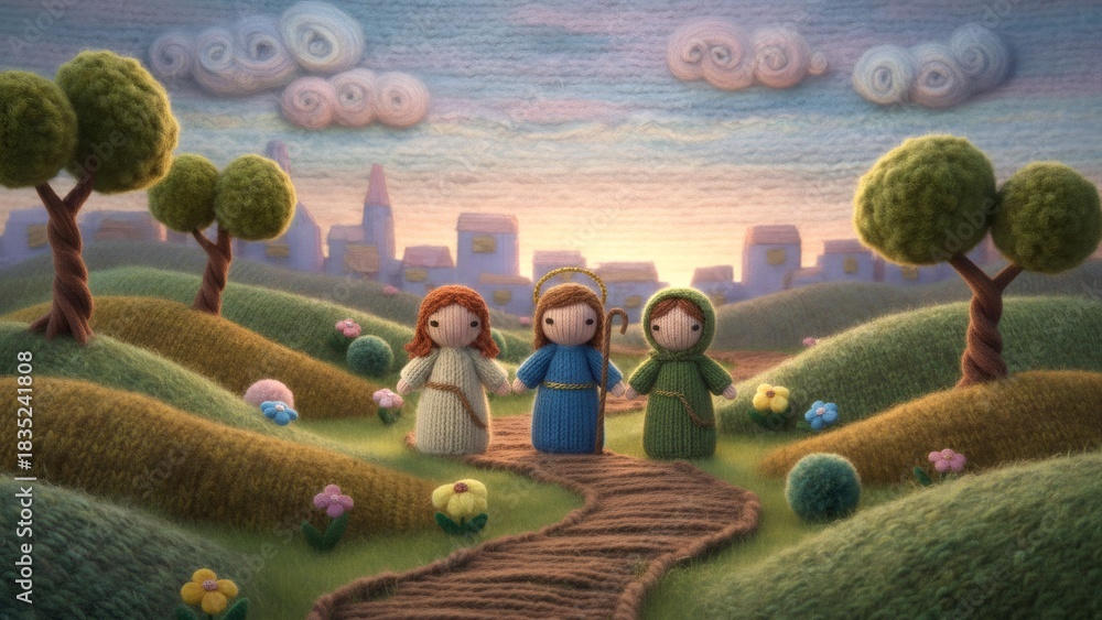 Obraz premium Knitted Nativity scene with Virgin Mary, Joseph, and an angel on a path leading to Bethlehem. Christian holiday concept for Christmas.