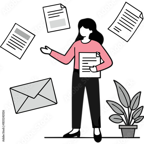 Woman Juggling Documents and an Envelope with a Potted Plant Nearby Representing Business Organization and Workflow Management