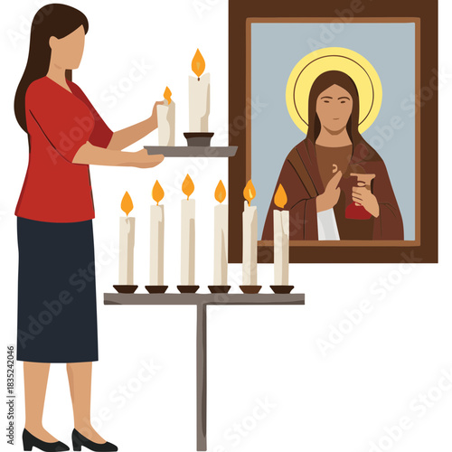 Woman Lighting Candles Before Religious Iconography In A Dimly Lit Room Evoking Serenity And Devotion With Warm Glow From Flames