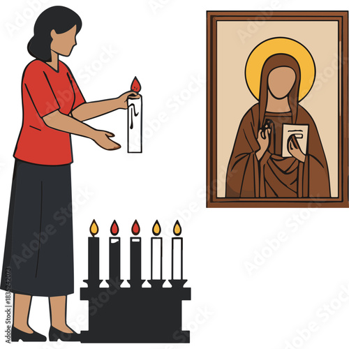 Woman Lighting Candles In Front Of A Religious Icon In A Dark Room Observing A Religious Ceremony And Paying Respect With Lit Candles In A Sequence On A Stand In The Corner Of A Room