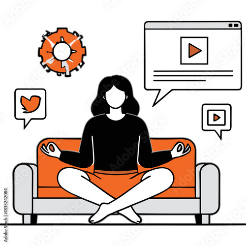 Woman Meditating on Sofa Surrounded by Digital Icons Gears and Video Player Represents Online Content Creation and Digital Detox