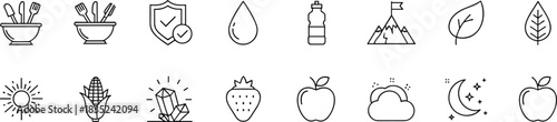 Nature Food Organic Healthy Lifestyle Line Icons Set Wellness Nutrition Diet Ecology Environment Vector Isolated Illustration Collection.