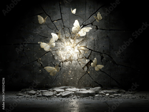 Glowing butterfly emergence from cracked concrete wall, luminous wings scattering dust and debris in dramatic dark room lighting