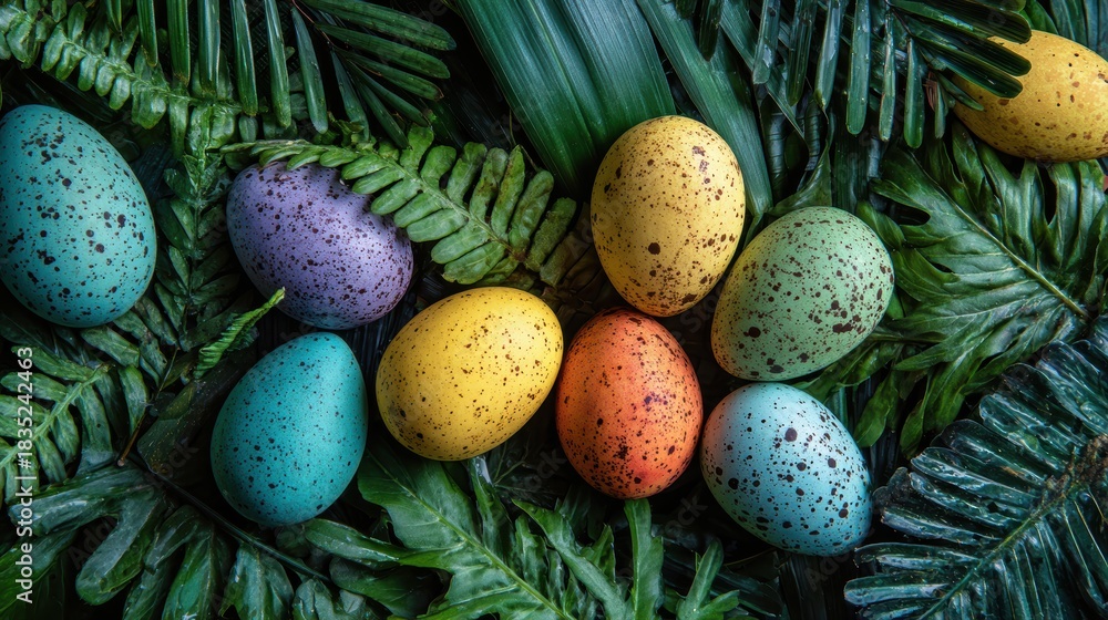 Obraz premium Pastel eggs with speckles rest in a nest of tropical leaves, springtime vibes.