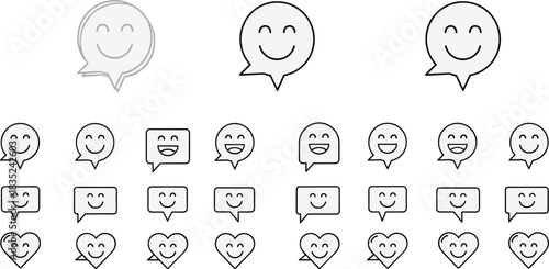 Cute Smiling Faces and Heart Symbols in Speech Bubbles for Messaging Apps.