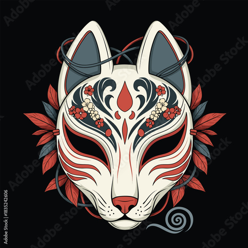 Intricate Japanese Kitsune Fox Mask Artwork with Traditional Floral Patterns and Elegant Vine Embellishments on a Dark Background