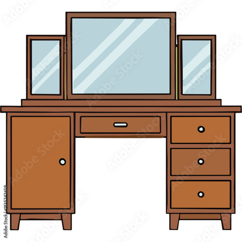 Wooden Dressing Table with Tri Fold Mirror and Multiple Drawers Clean White Background Simple Furniture Design Elegant Interior Decor Piece