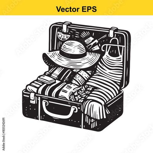 Suitcase packed for vacation with clothes and hat, retro drawing