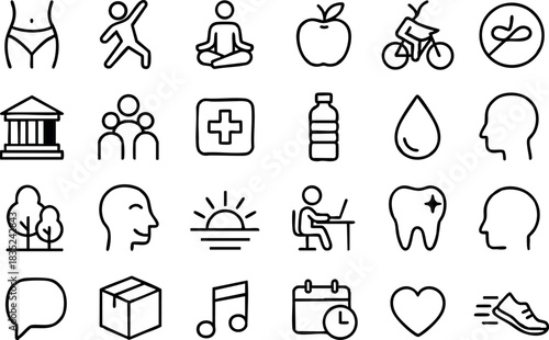 Minimal line art icon set showing twenty four black wellness and lifestyle outline symbols in neat landscape grid, close-up view, thin stroke, balanced composition, calm mood