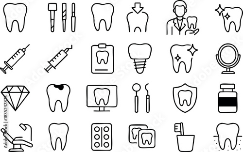Minimalist line icon dental set front-facing grid showing teeth implants syringes drill dentist mirror tooth x-ray microscope pill bottle toothbrush cup thin-stroke monochrome flat clinical centered