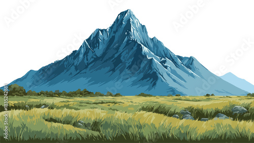 Serene Mountain with Blue Top and Green Grass Field Background