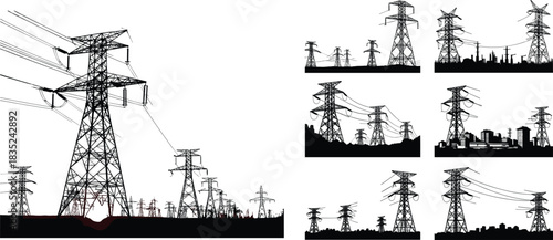 electricity, power, pylon, tower, energy, grid, transmission, utility, infrastructure, voltage, skyline, industry, silhouette, landscape, cables