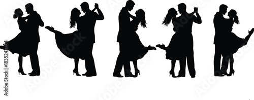 Elegant ballroom and Latin dance couples silhouettes vector set performing dynamic moves like salsa tango and waltz, representing romance party and classical dancing concepts