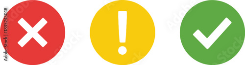 Error Warning Validation Icon Set, Green Checkmark, Red Cross Mark, Yellow Exclamation