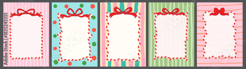 Wavy Candy Cane Frames on Backgrounds with Dotted and Striped Patterns, Cute Christmas or Birthday Borders for Package Designs and Menus